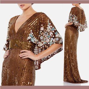 NWT $598 Mac Duggal [ 8 ] Sequined Floral Embellished Cape‎ Sleeve Gown #Q589